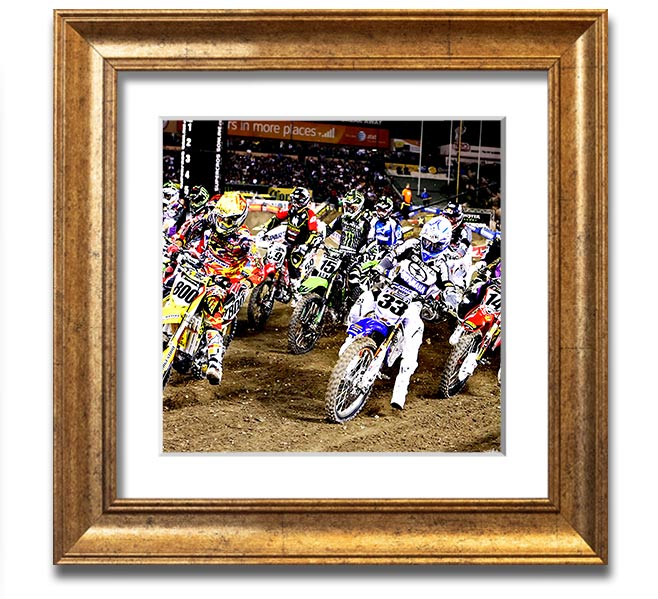Ama Motorcross Square Framed Print showcasing vibrant motorcross action, framed in a stylish color.