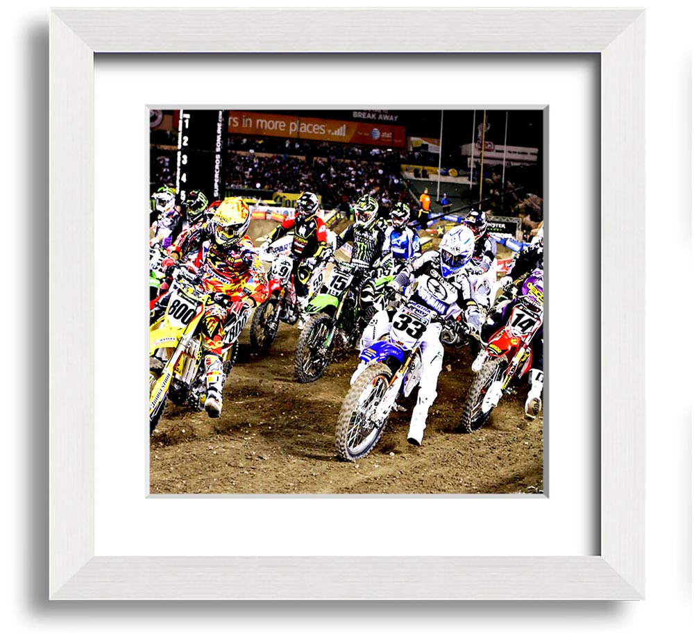 Ama Motorcross Square Framed Print showcasing vibrant motorcross action, framed in a stylish color.