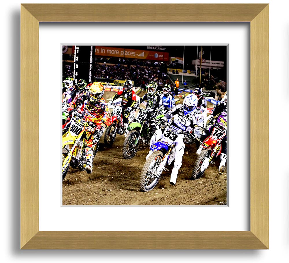 Ama Motorcross Square Framed Print showcasing vibrant motorcross action, framed in a stylish color.