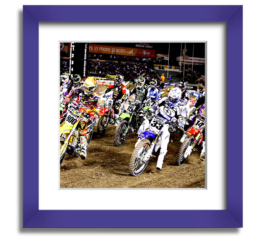 Ama Motorcross Square Framed Print showcasing vibrant motorcross action, framed in a stylish color.