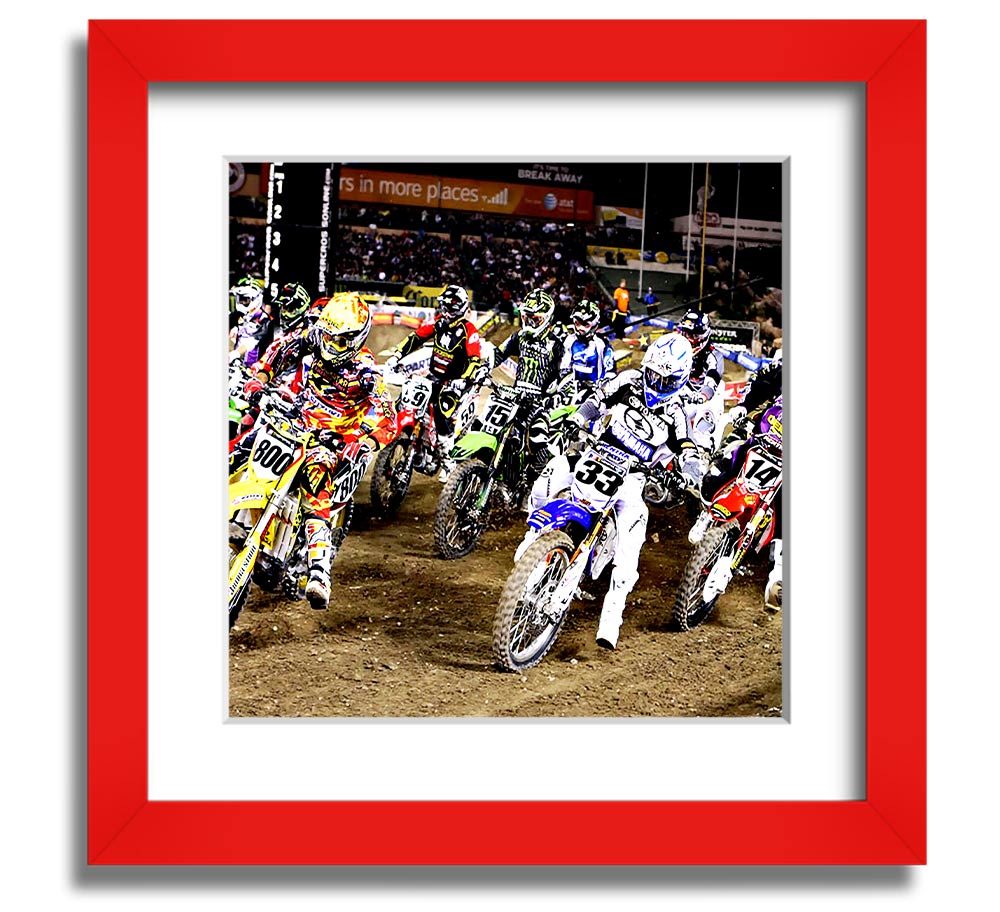 Ama Motorcross Square Framed Print showcasing vibrant motorcross action, framed in a stylish color.