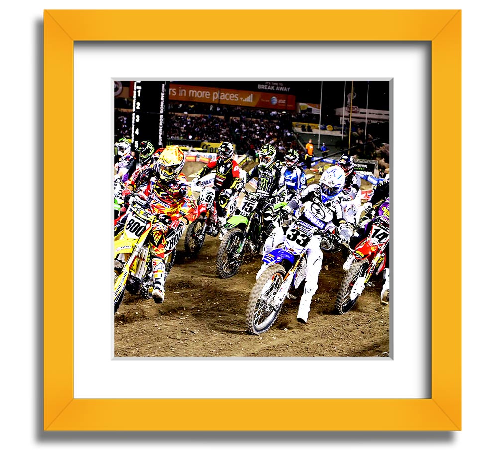 Ama Motorcross Square Framed Print showcasing vibrant motorcross action, framed in a stylish color.