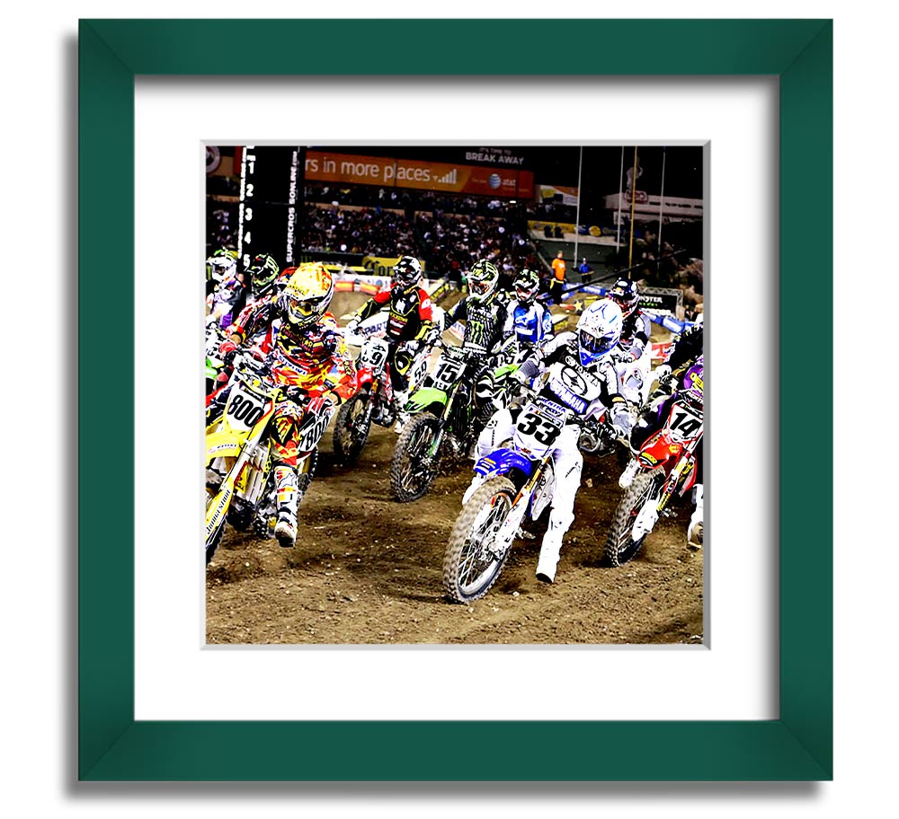 Ama Motorcross Square Framed Print showcasing vibrant motorcross action, framed in a stylish color.