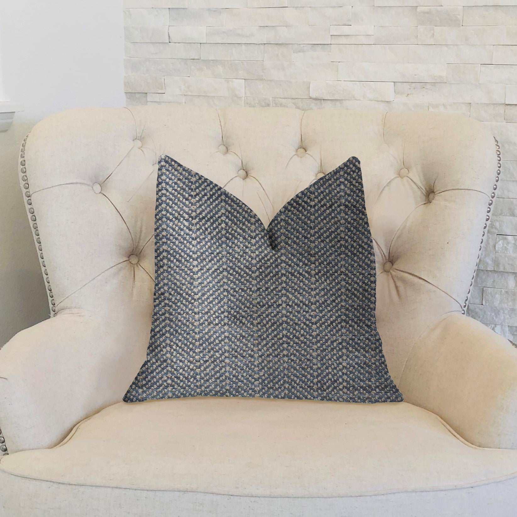 Amalfi Blue and Ivory Luxury Throw Pillow showcasing bold colors and textured fabric, featuring an invisible zipper and double-sided design.