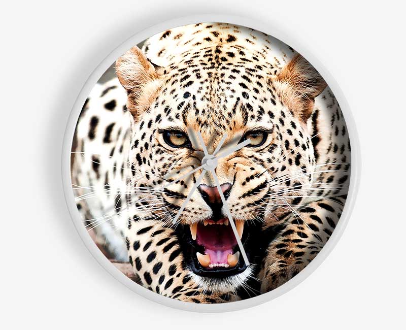 Amazing Cheetah clock made from natural bamboo with a round face and clear Plexiglas lens, available in black, white, and natural frame colors.