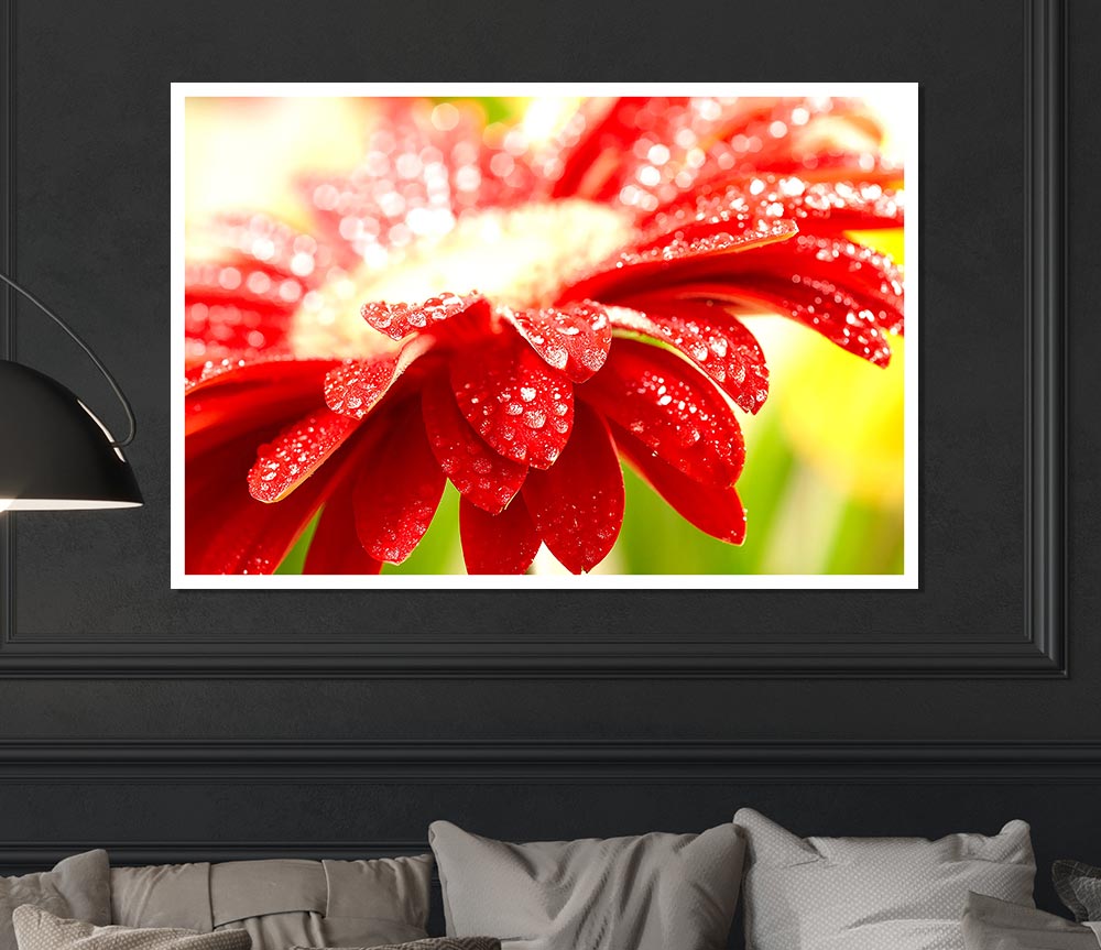 A vibrant red flower poster printed on high-quality canvas, showcasing intricate details and rich colors, perfect for home decor.