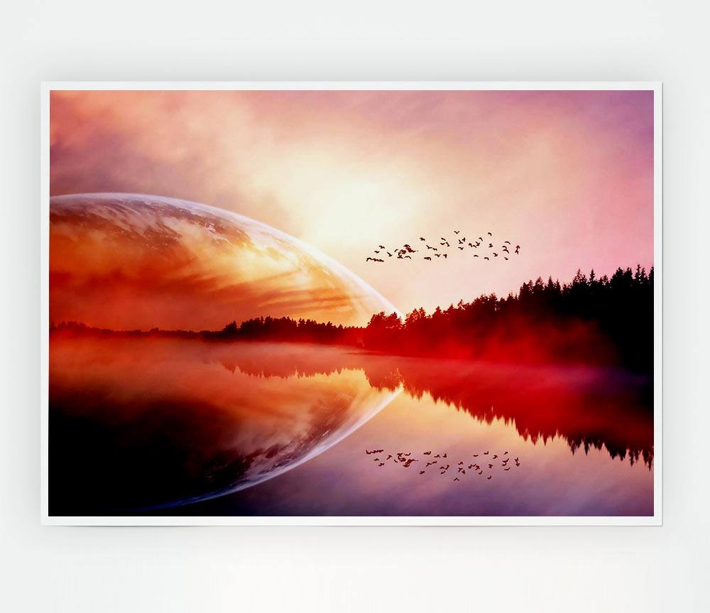 A vibrant canvas poster of a sunrise over a tranquil lake, showcasing warm colors and serene nature.