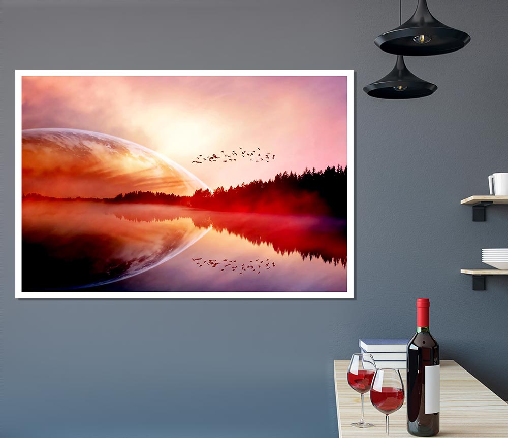 A vibrant canvas poster of a sunrise over a tranquil lake, showcasing warm colors and serene nature.