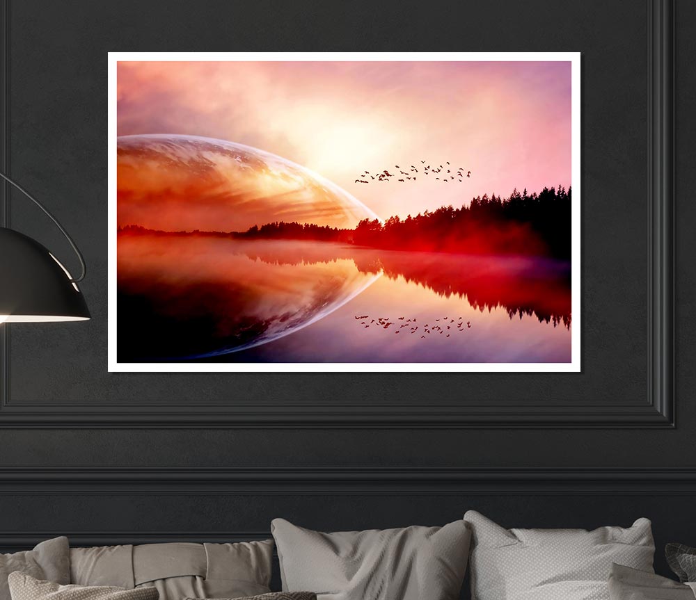 A vibrant canvas poster of a sunrise over a tranquil lake, showcasing warm colors and serene nature.