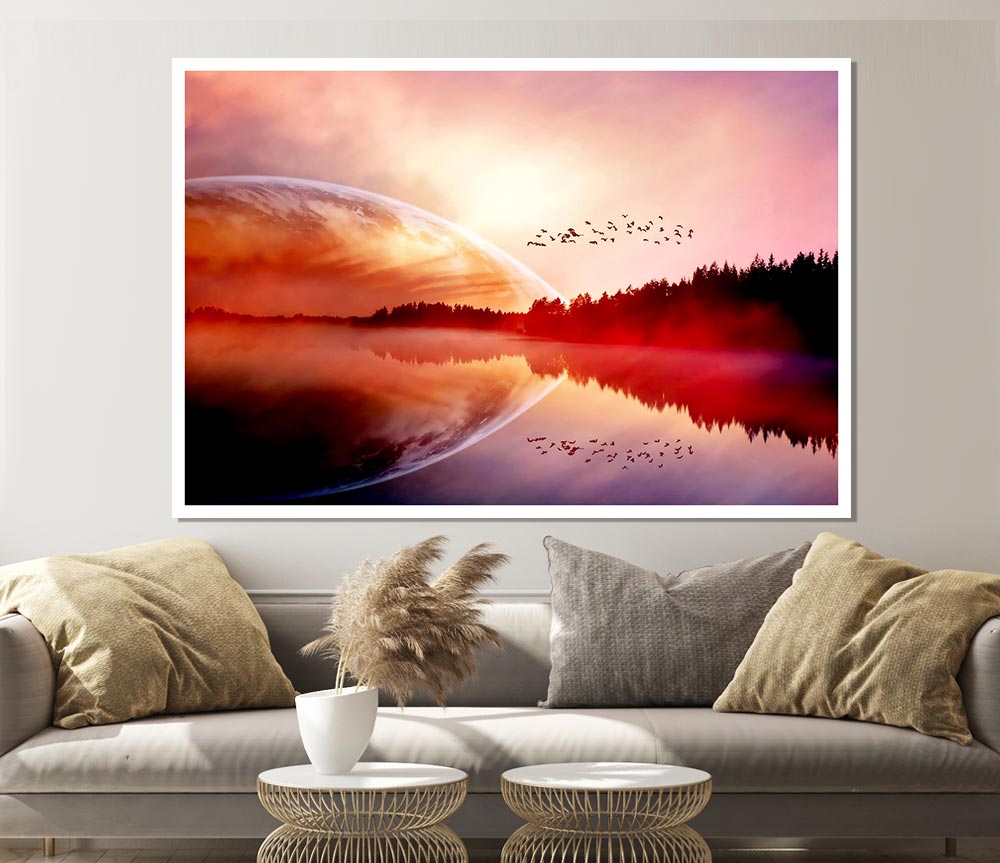 A vibrant canvas poster of a sunrise over a tranquil lake, showcasing warm colors and serene nature.
