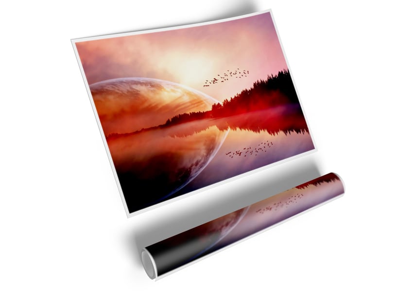 A vibrant canvas poster of a sunrise over a tranquil lake, showcasing warm colors and serene nature.