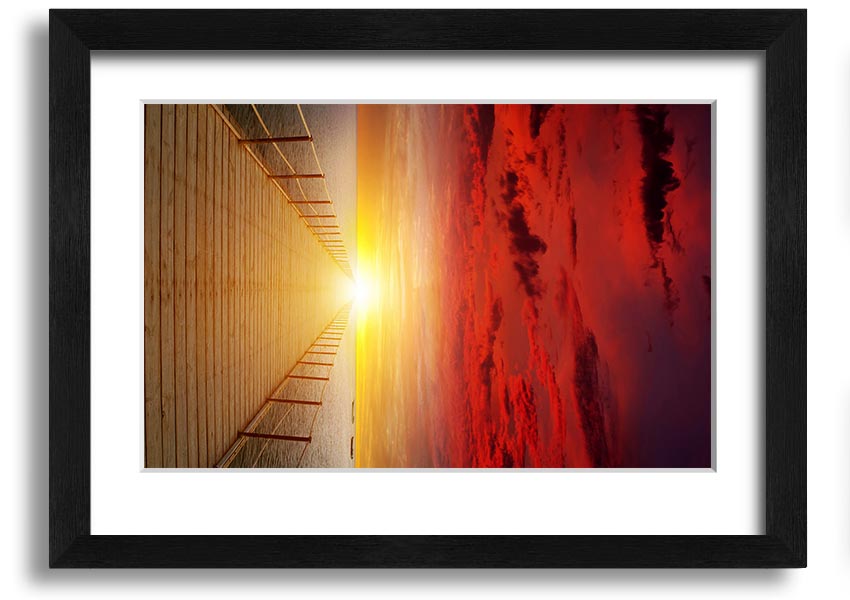 A beautifully framed print of a sunset over a boardwalk, showcasing vibrant colors and serene scenery.
