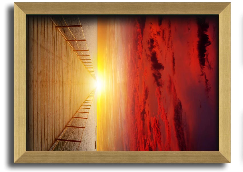 A beautifully framed print of a sunset over a boardwalk, showcasing vibrant colors and serene scenery.