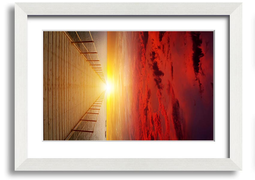 A beautifully framed print of a sunset over a boardwalk, showcasing vibrant colors and serene scenery.