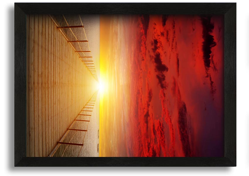 A beautifully framed print of a sunset over a boardwalk, showcasing vibrant colors and serene scenery.