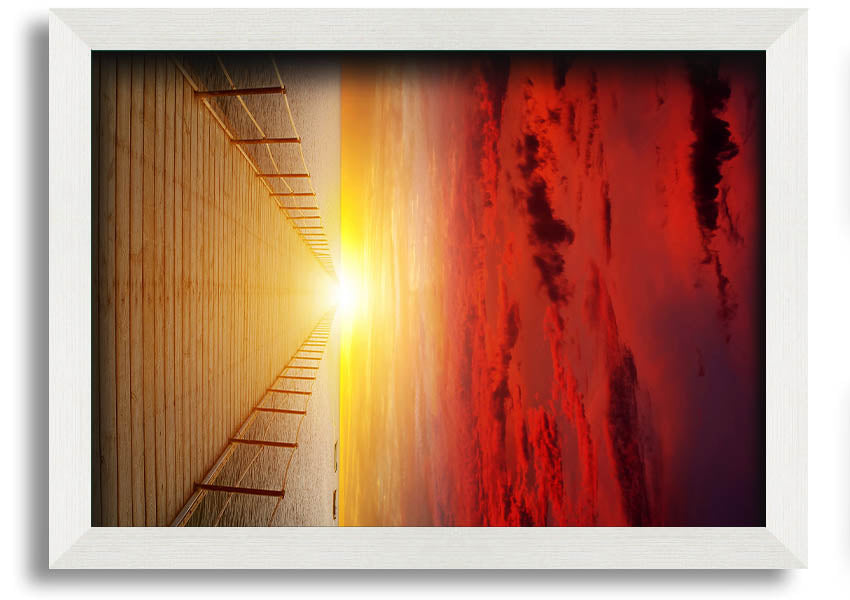 A beautifully framed print of a sunset over a boardwalk, showcasing vibrant colors and serene scenery.