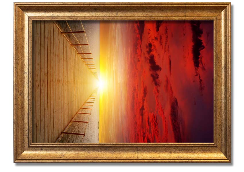 A beautifully framed print of a sunset over a boardwalk, showcasing vibrant colors and serene scenery.