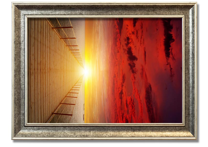 A beautifully framed print of a sunset over a boardwalk, showcasing vibrant colors and serene scenery.