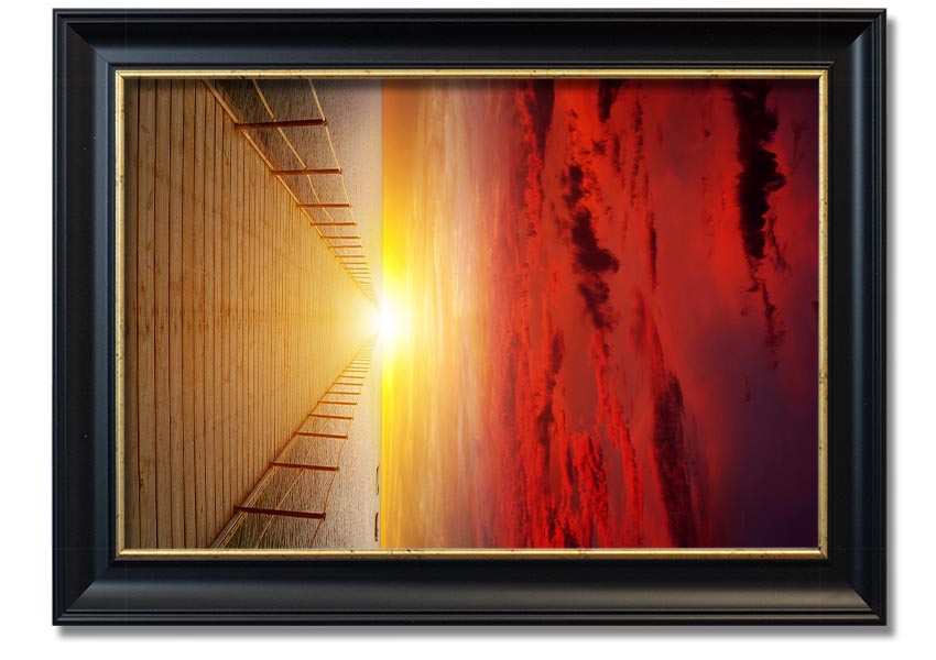 A beautifully framed print of a sunset over a boardwalk, showcasing vibrant colors and serene scenery.