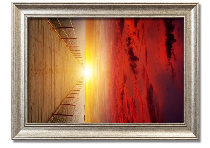 A beautifully framed print of a sunset over a boardwalk, showcasing vibrant colors and serene scenery.