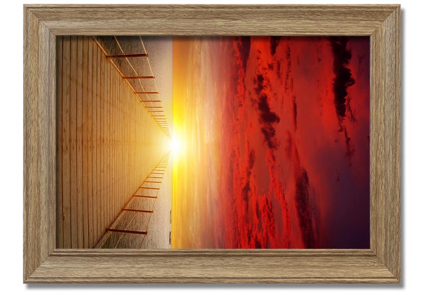 A beautifully framed print of a sunset over a boardwalk, showcasing vibrant colors and serene scenery.