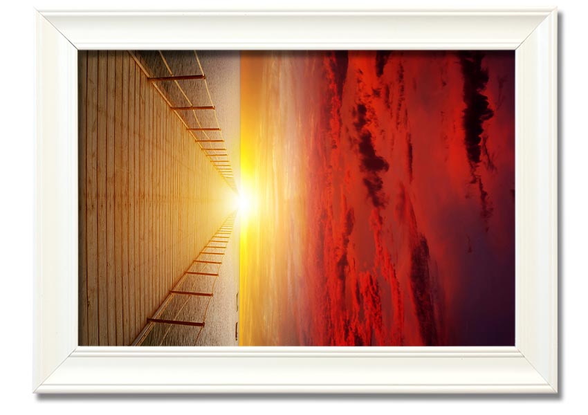 A beautifully framed print of a sunset over a boardwalk, showcasing vibrant colors and serene scenery.