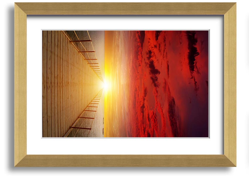 A beautifully framed print of a sunset over a boardwalk, showcasing vibrant colors and serene scenery.