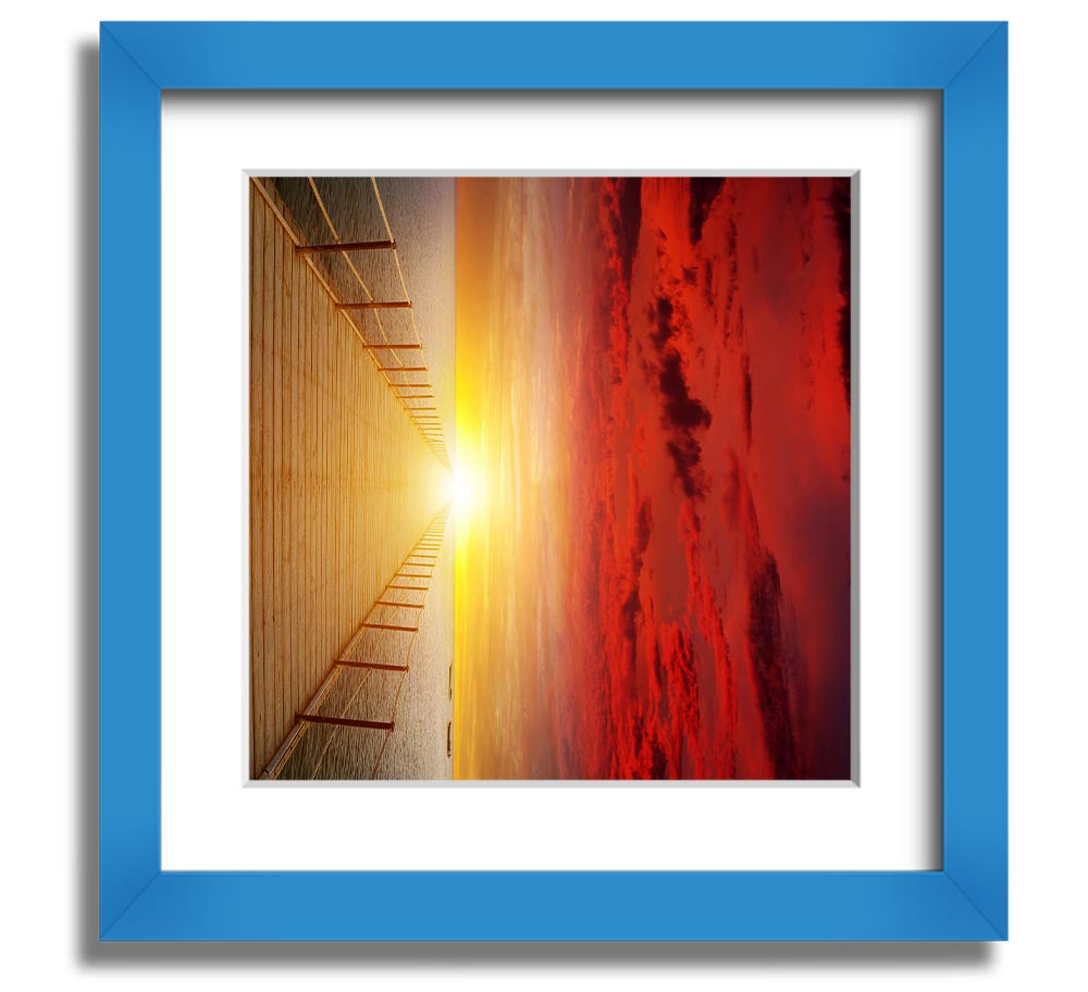 A beautifully framed print of a sunset over a boardwalk, showcasing vibrant colors and intricate details.