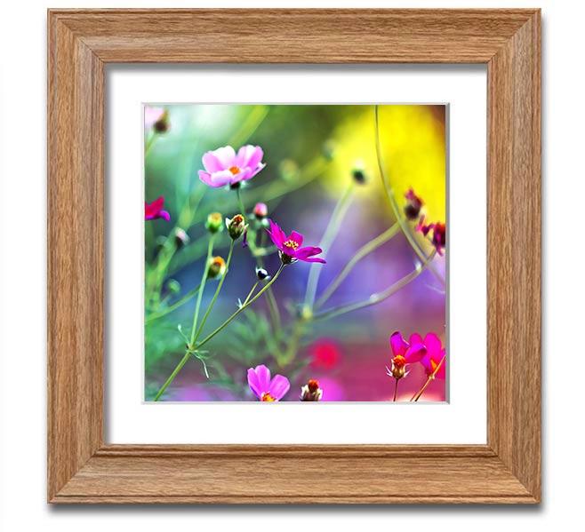 A beautifully framed print of vibrant wildflowers, showcasing intricate details and colors, ready to hang on a wall.