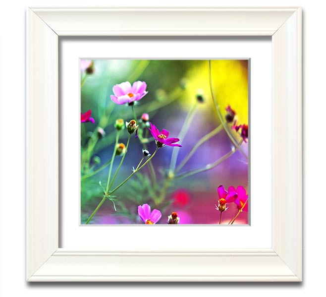 A beautifully framed print of vibrant wildflowers, showcasing intricate details and colors, ready to hang on a wall.