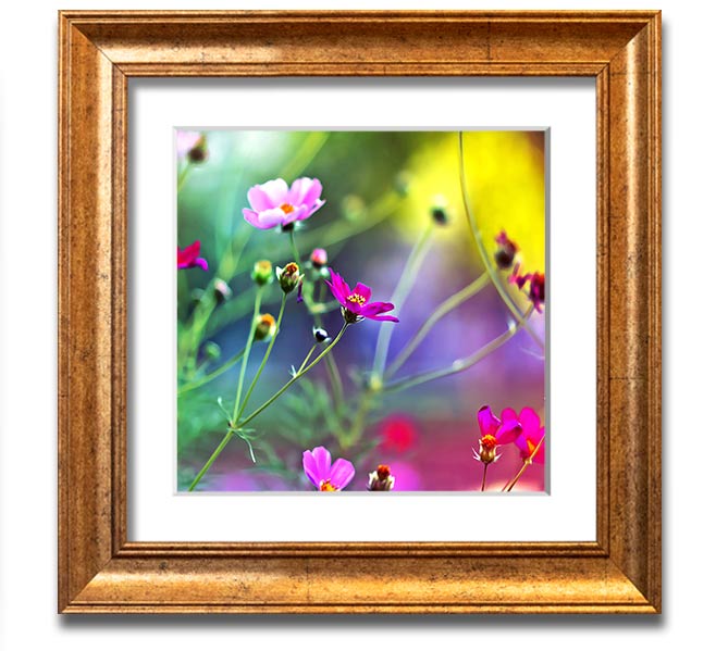 A beautifully framed print of vibrant wildflowers, showcasing intricate details and colors, ready to hang on a wall.