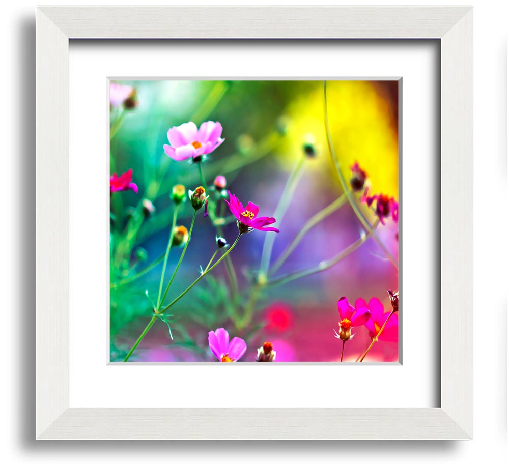 A beautifully framed print of vibrant wildflowers, showcasing intricate details and colors, ready to hang on a wall.