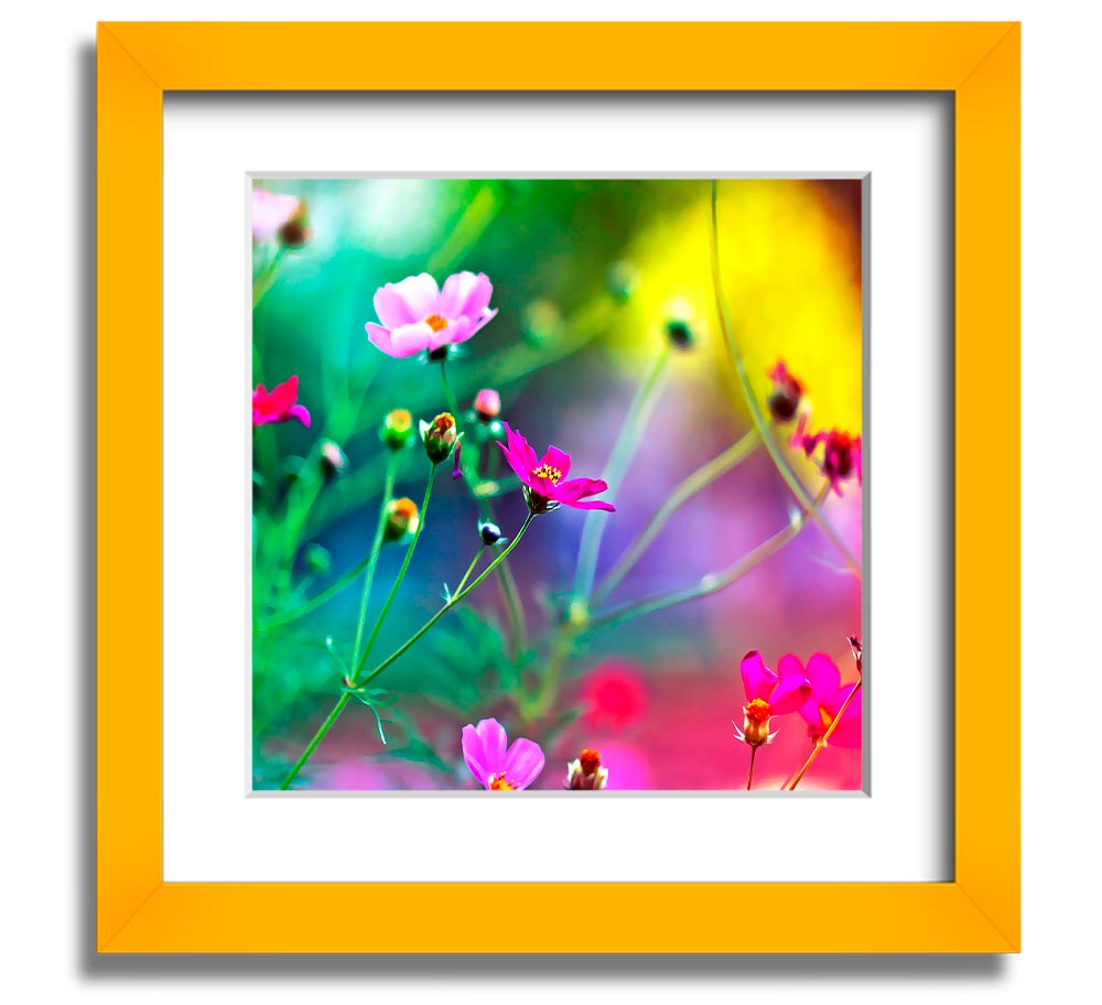 A beautifully framed print of vibrant wildflowers, showcasing intricate details and colors, ready to hang on a wall.