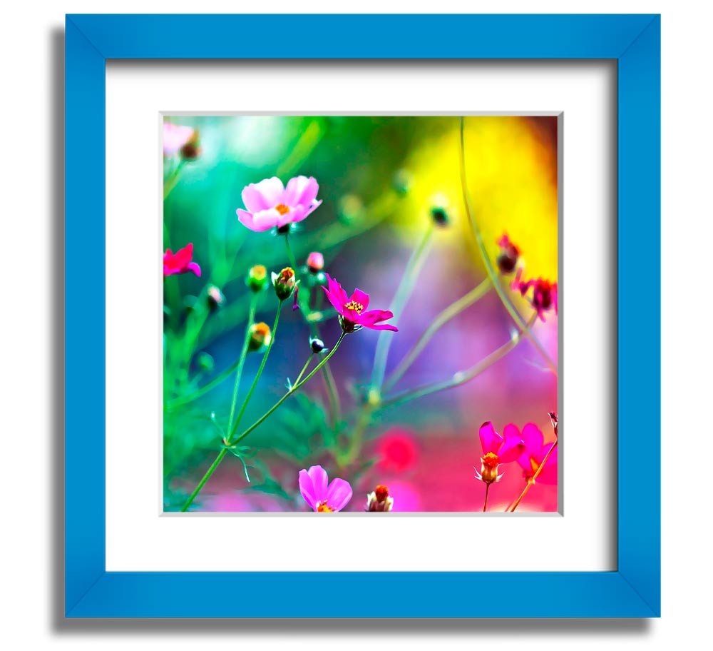 A beautifully framed print of vibrant wildflowers, showcasing intricate details and colors, ready to hang on a wall.