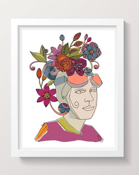 Illustration of Amelia Earhart, an aviation pioneer, in vibrant colors on matte card stock.
