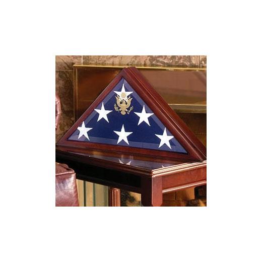 Handcrafted American Burial Flag Box made of solid walnut, featuring a beveled glass front and the Great Seal of the United States.