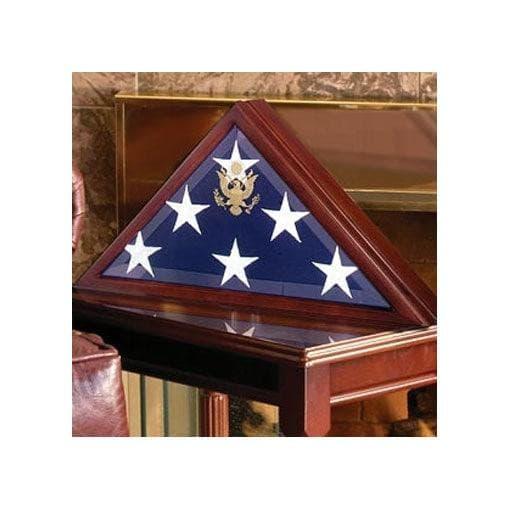 American Burial Flag Box, large coffin flag display case made of solid cherry wood with beveled glass front.