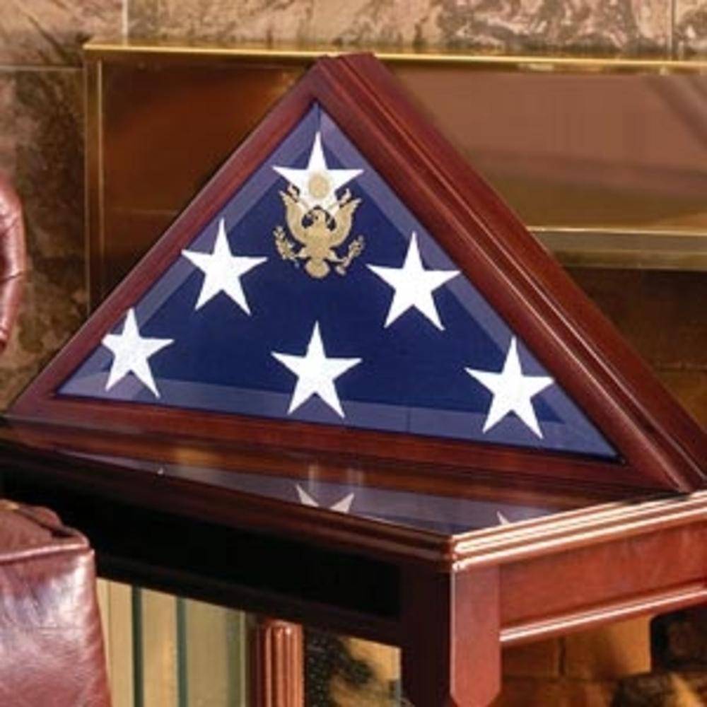 American Burial Flag Box made of solid walnut with beveled glass front, designed to hold a 5' x 9.5' burial flag.