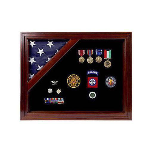 American Corner flag and medal display case designed for a 3x5 flag, made from solid mahogany with a glass front and customizable finishes.