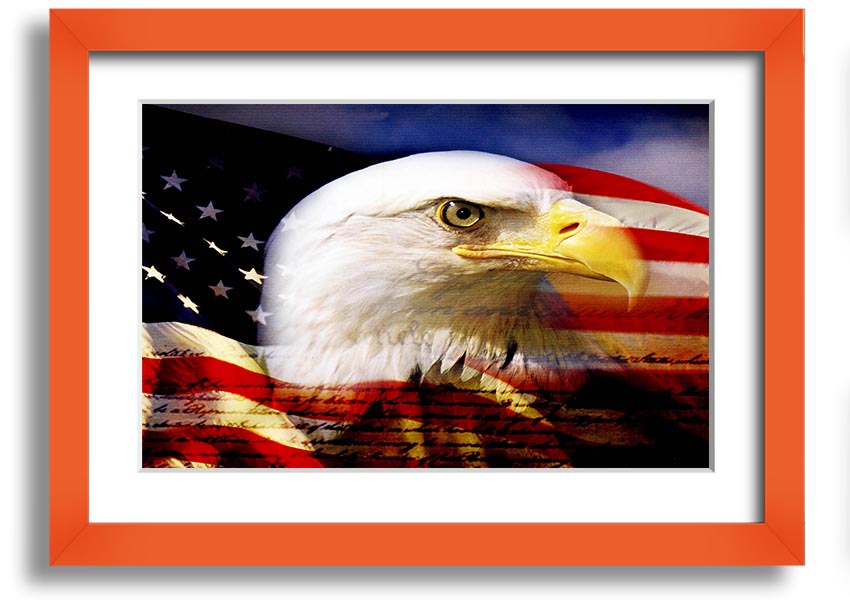 Framed print of an American Eagle Flag, showcasing vibrant colors and quality craftsmanship, ready to hang.