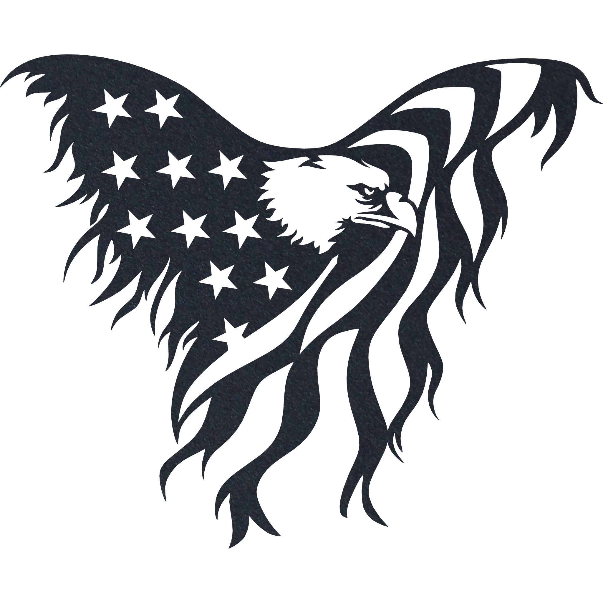 American Eagle metal wall art in black powder-coated finish, showcasing intricate details and patriotic design.
