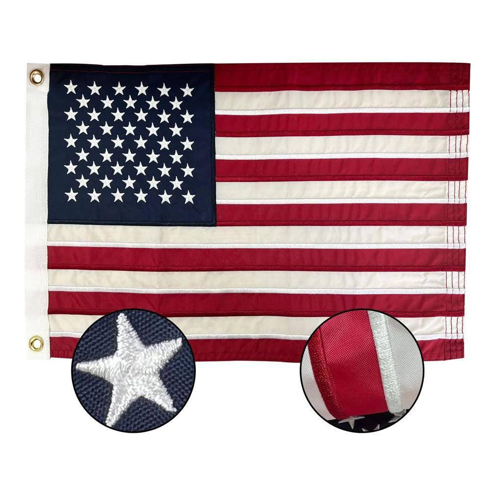 12x18 inch American flag made of heavy-duty nylon, featuring embroidered stars and sewn stripes, designed for outdoor use with brass grommets.