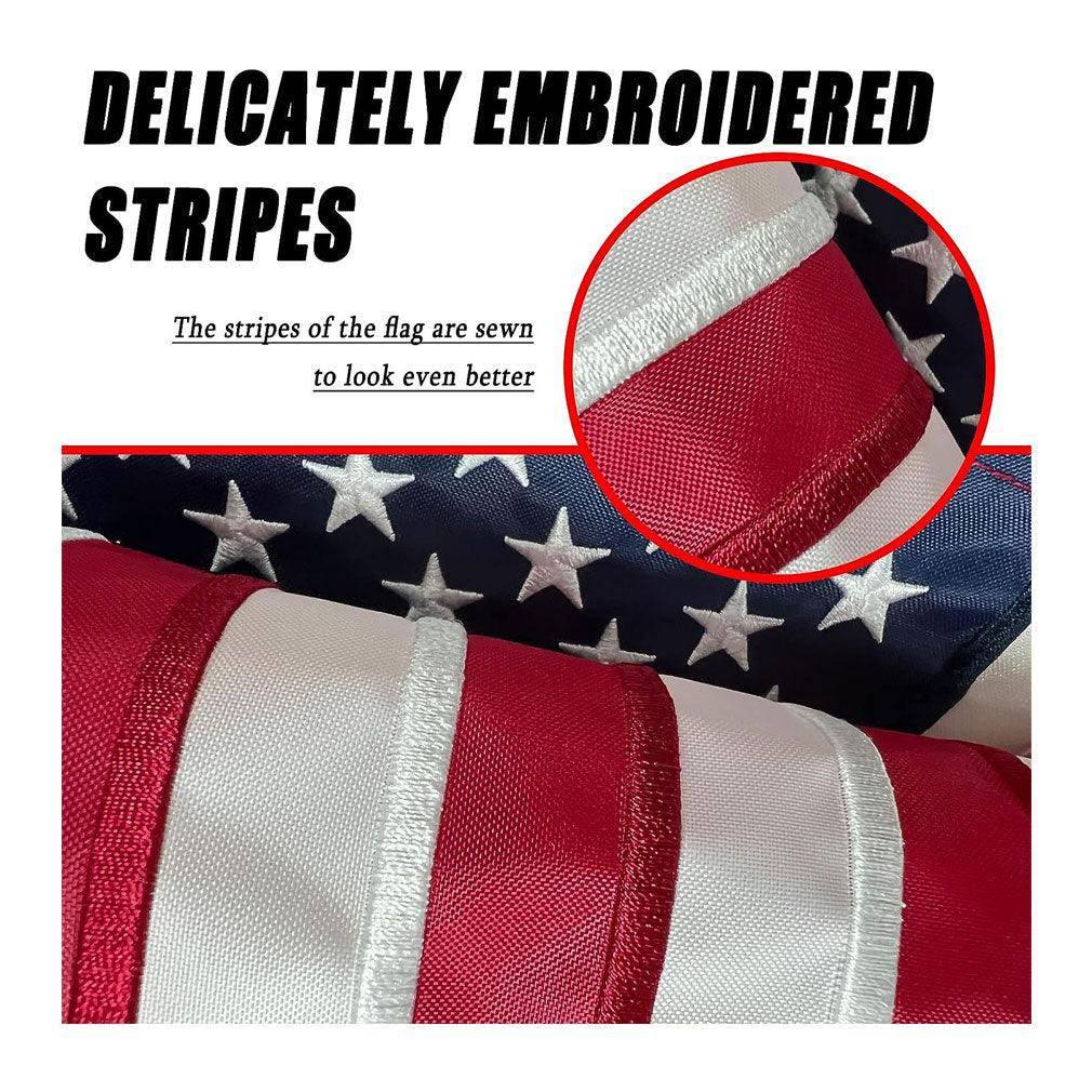 12x18 inch American flag made of heavy-duty nylon, featuring embroidered stars and sewn stripes, designed for outdoor use with brass grommets.