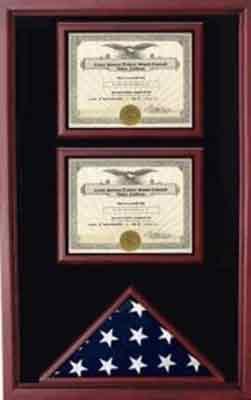 American Flag and 2 Certificates Cases Shadow Box made from cherry or oak wood, featuring museum-quality Plexiglas for protection.