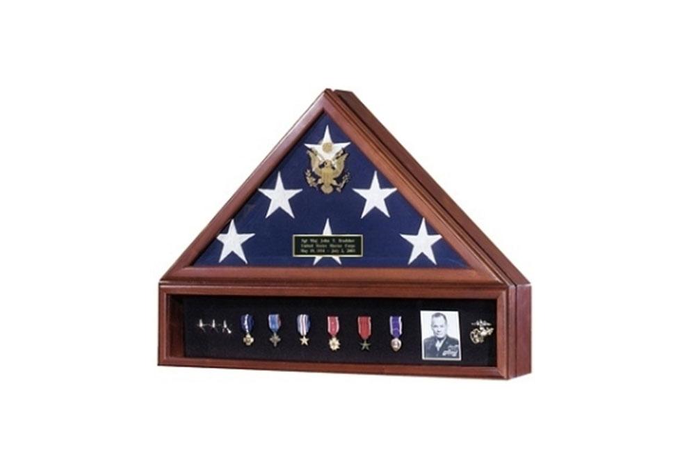 Elegant American Flag and Medal Display Case with glass front and black Velcro insert for medals.