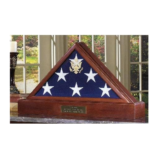 American Flag Case with Pedestal for 5 x 9.5 burial flag, made of solid walnut with beveled glass and gold Great Seal.