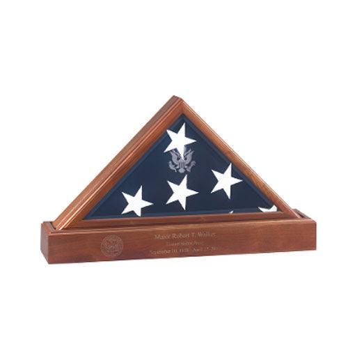 Large personalized American flag case made from solid cherry wood, featuring a matching pedestal and beveled glass with the gold Great Seal of the USA.
