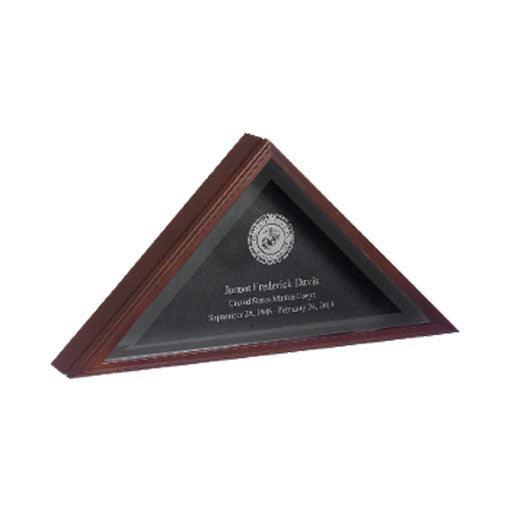 Large personalized American flag case made from solid cherry wood, featuring a matching pedestal and beveled glass with the gold Great Seal of the USA.