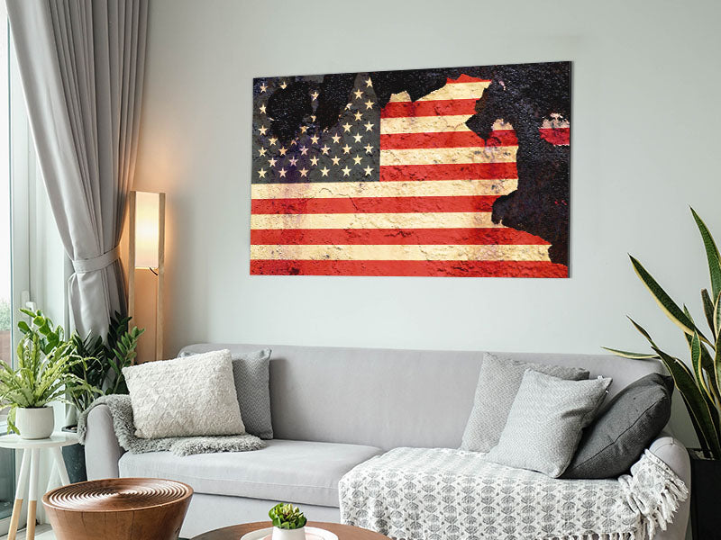 American Flag Cracked art piece printed on brushed aluminium dibond, featuring a modern design with vibrant colors and a unique cracked effect.