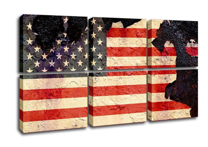 American Flag Cracked canvas art mounted on a box frame, showcasing a unique cracked design of the American flag.